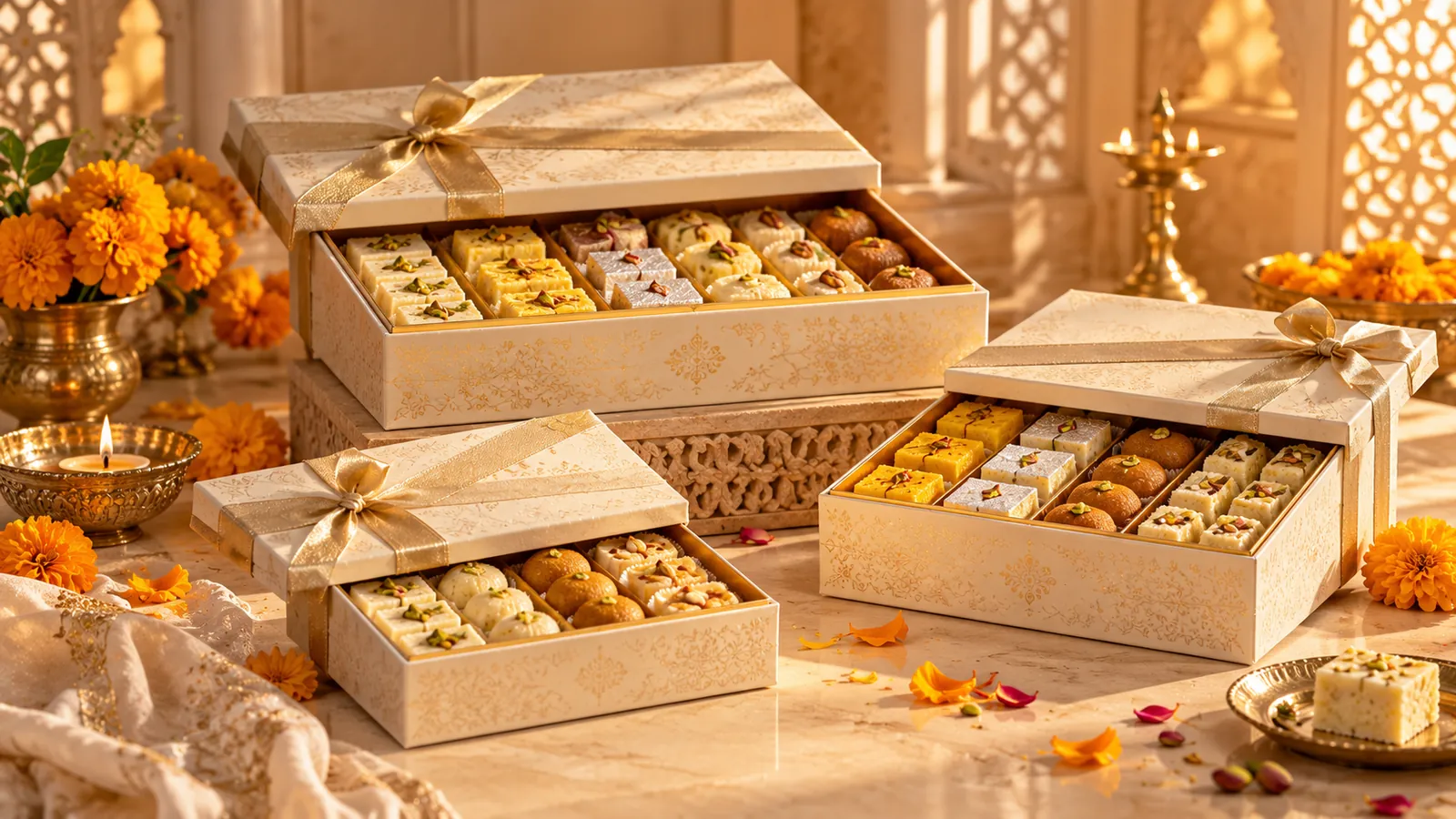Three Sunehri festive hampers filled with assorted mithai