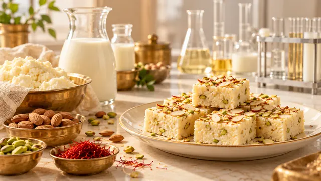 Fresh milk, khoya, nuts and saffron