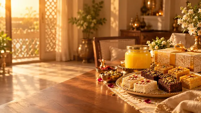 A family table with ghee and mithai