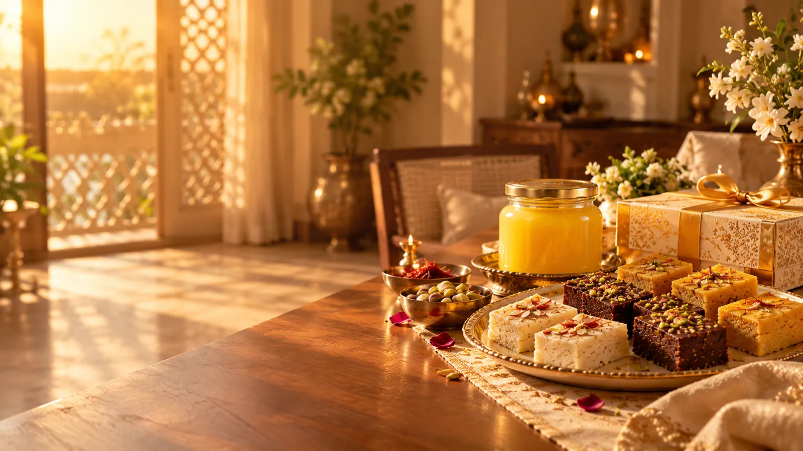 A family table set with Sunehri ghee, mithai and a gift box in the evening light